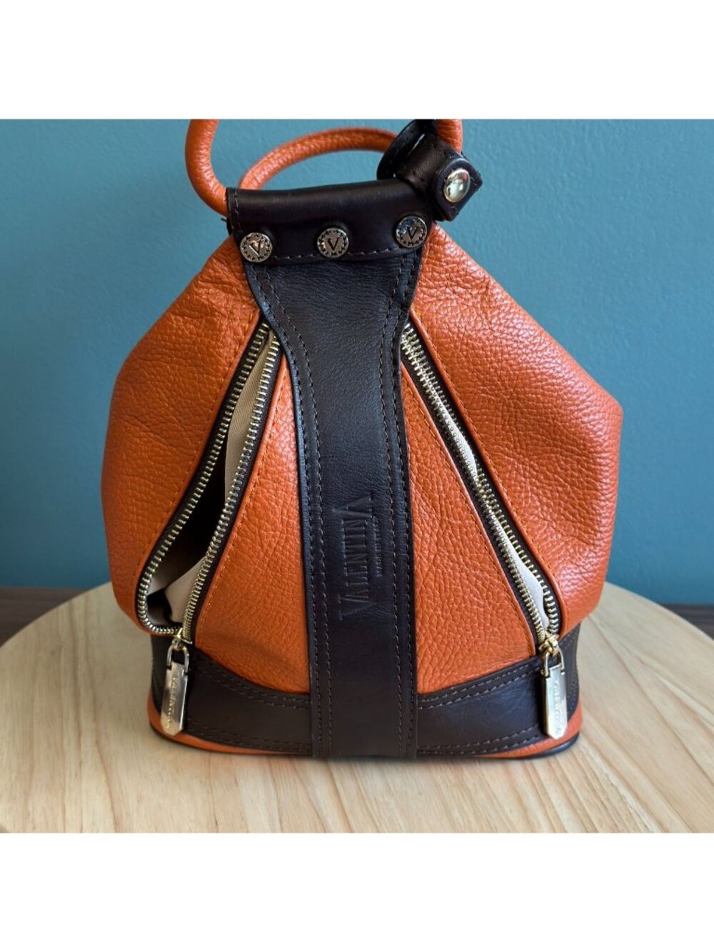 Valentina Italian Leather Shoulder Backpack Pebbled Orange Brown Many Pockets - Picture 10 of 16